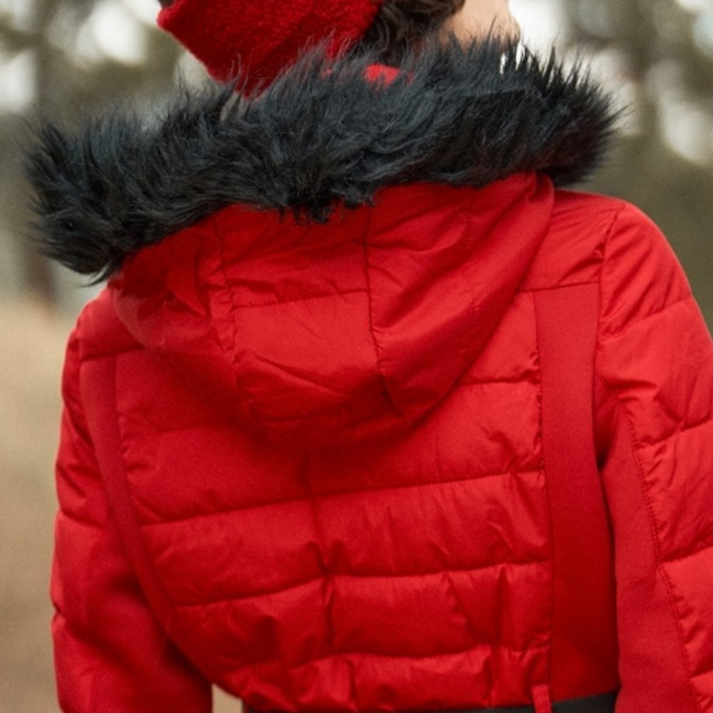 Red Faux Fur Harness Buckle Belt Detail Long Fitte - Picture 6 of 7